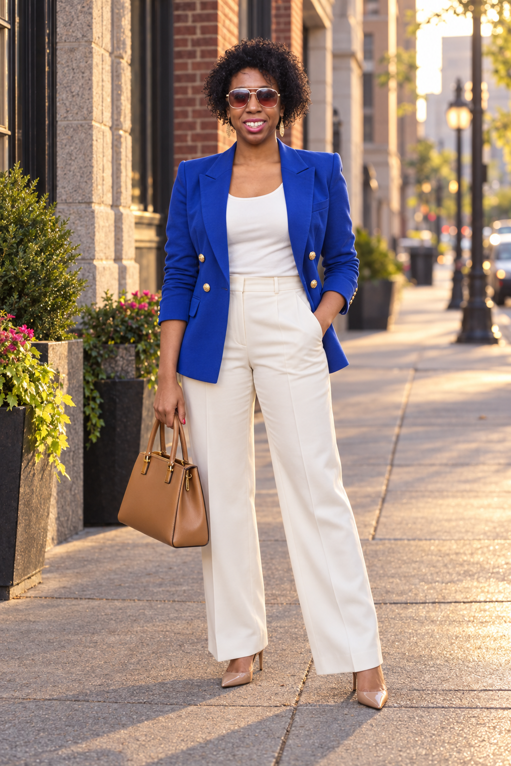 Editorial image based on COCOA's reference photo, wearing sunglasses, a cobalt jacket and cream trousers on a sunlit city sidewalk