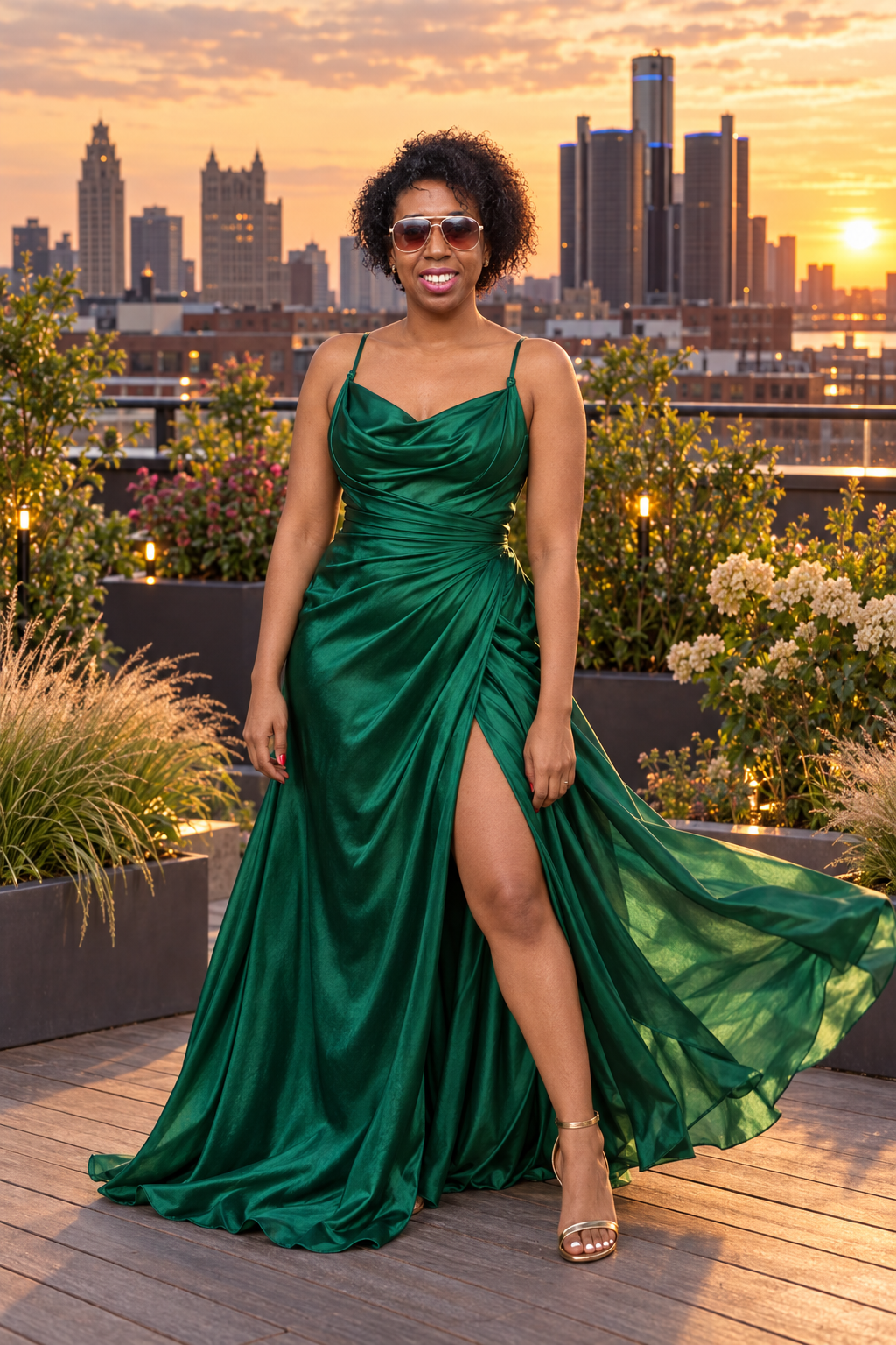 Editorial image based on COCOA's reference photo, smiling in sunglasses and a flowing emerald dress on an imagined rooftop garden at sunset