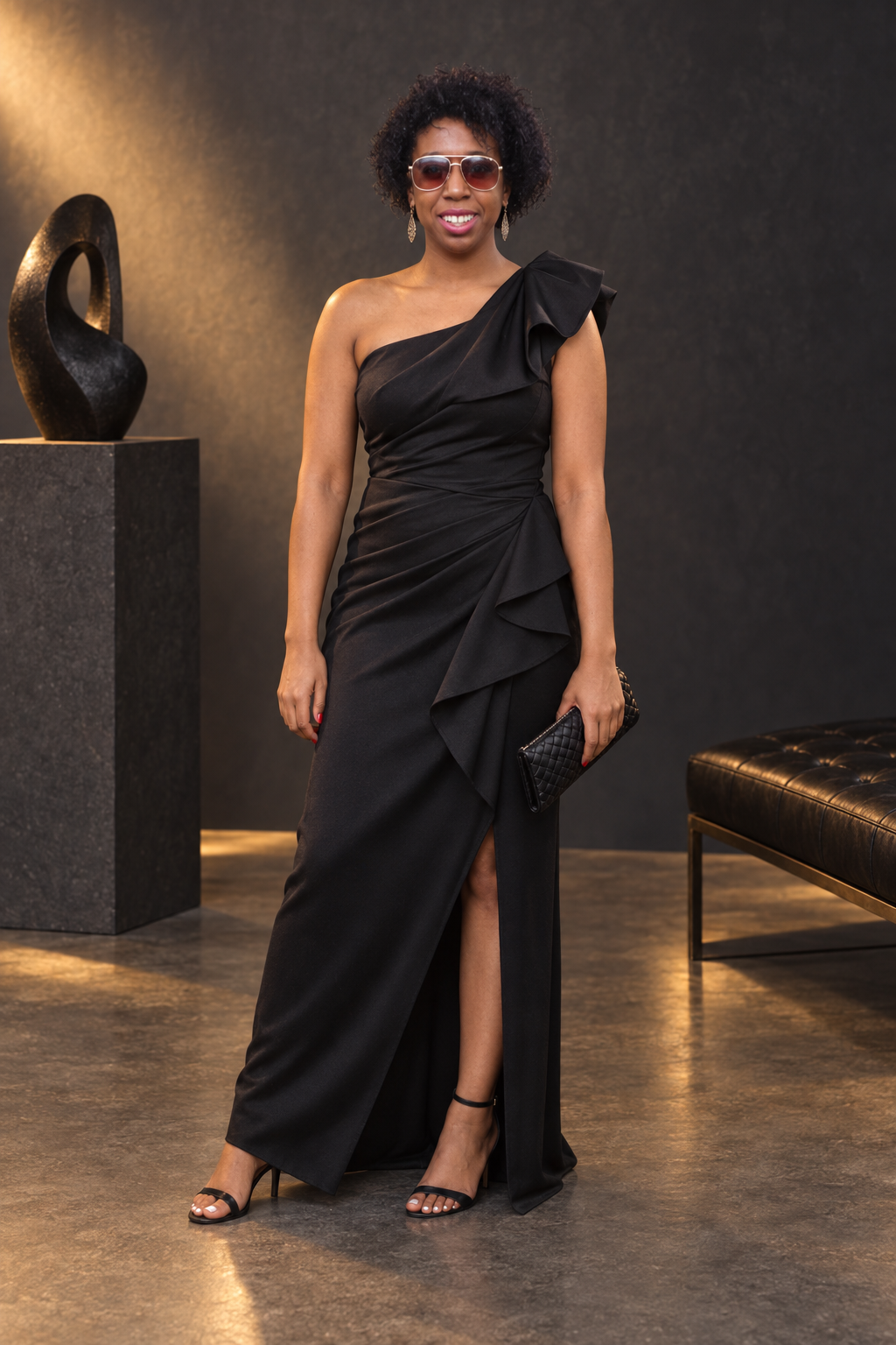 Editorial image based on COCOA's reference photo, smiling in sunglasses and black evening wear inside a charcoal studio