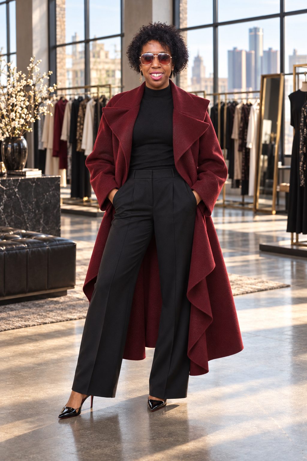 Editorial image based on COCOA's reference photo, wearing sunglasses, an oxblood coat and black tailoring inside a fashion atelier